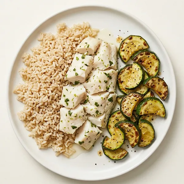 Cilantro Lime Poached White Fish with Brown Rice and Zucchini